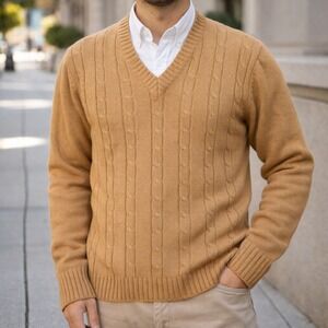 Vintage Silton Cable Knit Sweater V-Neck Men's Medium Camel Brown Made‎ in Korea